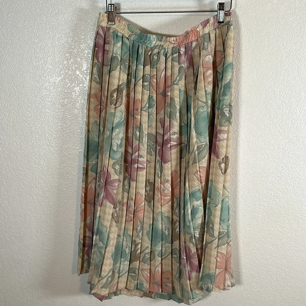 Vintage Andrea Gayle Floral & Houndstooth Midi Pleated Skirt Size Large